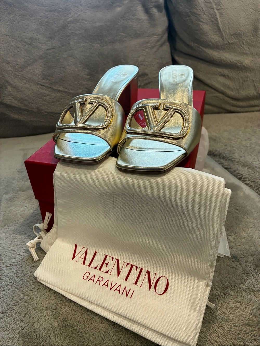 Valentino Garavani Metallic Gold Logo Slide Mules
